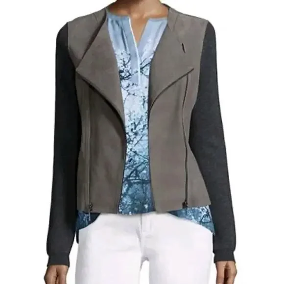 ELIE TAHARI $898 JOPLIN Genuine Lamb Leather MerinoWool Asymmetric Moto Jacket M - Picture 1 of 14